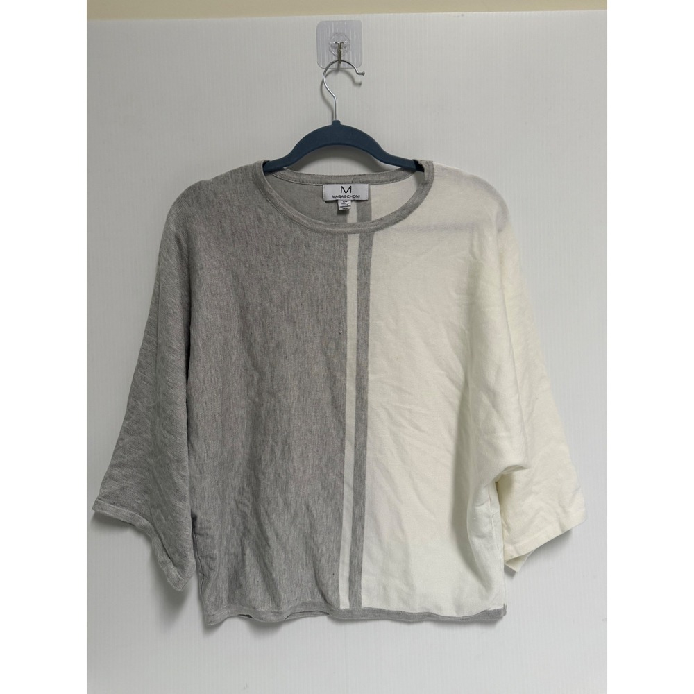 Magaschoni Colorblock Knit Top Grey Cream Boxy 3/4 Sleeve Sweater Small